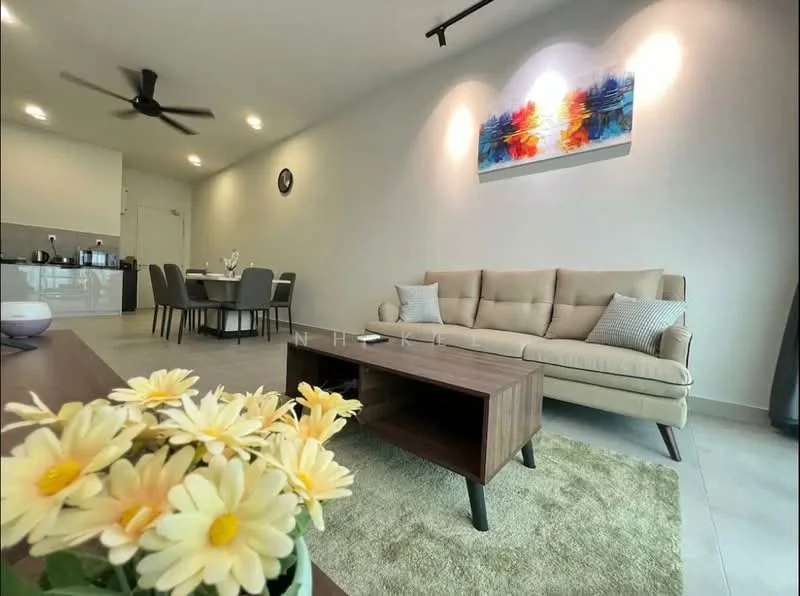 Living features: 3-seater fabric sofa in beige, wooden coffee table, area rug with geometric pattern, wall-mounted TV, ceiling fan, decorative wall art, light-colored painted walls, large window with sheer curtains; style: modern. Dining features: 4-seater dining table, upholstered dining chairs, light-colored walls; style: modern.