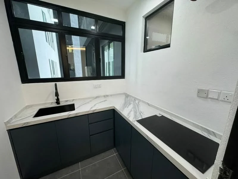 Kitchen features: black single-bowl sink, black gooseneck faucet, white marble countertop, dark blue cabinetry, built-in induction cooktop, grey tile flooring, white painted walls, large window with black frame; style: modern.