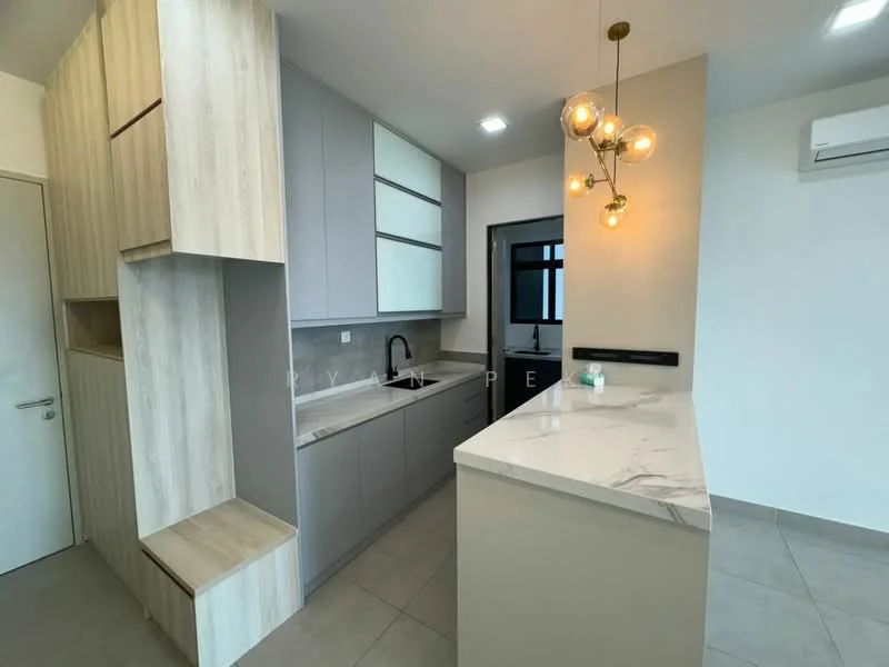 Kitchen features: grey cabinetry with flat-panel doors, white marble countertop, single-bowl stainless-steel sink, black gooseneck faucet, built-in oven, ceramic tile flooring, pendant light fixture, open shelving, recessed downlights, window with black frame; style: modern.