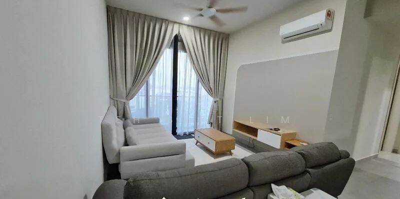 Living features: 3-seater fabric sofa in grey, 2-seater fabric sofa in white, wooden coffee table, TV console, wall-mounted TV, floor-to-ceiling windows, sheer curtains, recessed downlights, ceiling fan, light-coloured walls, light-coloured flooring; style: modern; view: city.