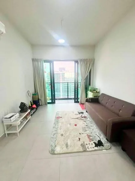 Living features: grey fabric sofa, white coffee table, area rug with decorative pattern, floor-to-ceiling sliding glass door, curtains, wall-mounted air conditioning unit, light ceiling fixture, tile flooring, white painted walls; style: modern; view: city.
