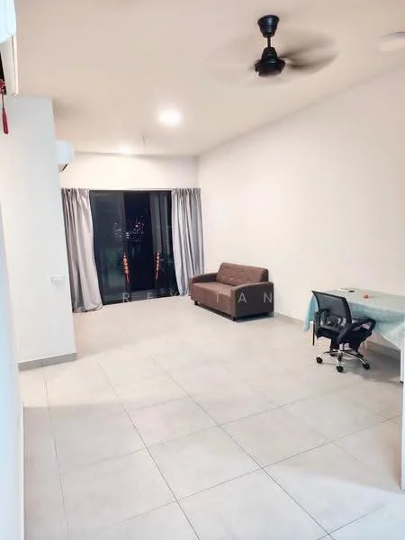 Living features: white painted walls, tile flooring, 5-blade ceiling fan, floor-to-ceiling sliding glass door, curtains, sofa in brown, dining table with tablecloth, office chair; style: modern; view: city.