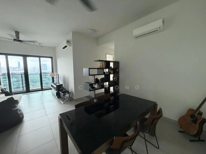 Living features: floor-to-ceiling windows, city view, grey sectional sofa, coffee table, TV console, wall-mounted TV, ceiling fan, recessed downlights, light-coloured walls, tile flooring, open shelving unit, acoustic guitar; style: modern; view: city. Dining features: black dining table, 4 dining chairs, open layout, tile flooring; style: modern; view: city.