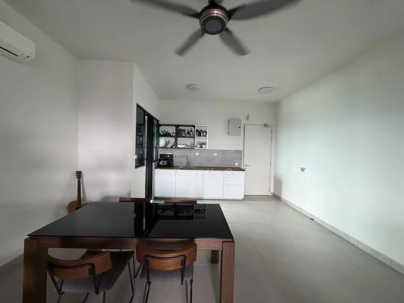 Living features: 5-blade ceiling fan, wall-mounted split AC, grey tiled flooring, white painted walls, black dining table, 4 wooden dining chairs, kitchen cabinetry with grey countertop, built-in kitchen appliances, glass sliding door, guitar in corner; style: modern.