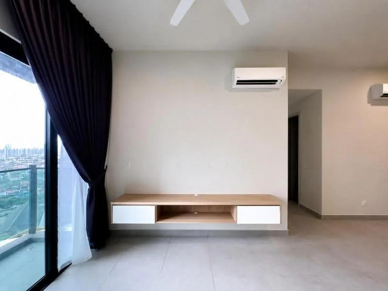 Living features: floor-to-ceiling windows, grey tiled flooring, white painted walls, ceiling fan, wall-mounted split AC, wooden TV console with white cabinetry, dark curtains, city view; style: modern; view: city.