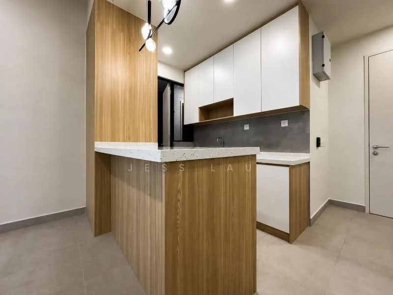 Kitchen features: white cabinetry with flat-panel doors, wooden cabinetry, stone countertop, kitchen island with breakfast bar, built-in oven, stainless-steel sink, chrome faucet, recessed lighting, grey tiled flooring, wall-mounted extractor hood; style: modern.