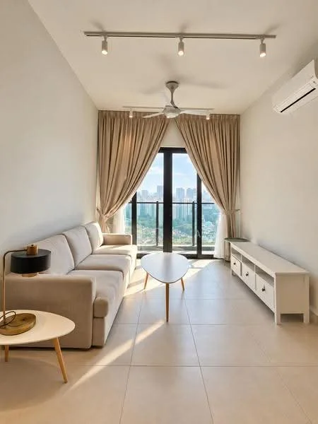Living features: 3-seater fabric sofa in beige, coffee table with round top, TV console with drawers, floor-to-ceiling windows, sheer curtains, recessed LED downlights, ceiling fan, wall-mounted air conditioning unit, light-colored tiled flooring, decorative wall, city view; style: modern; view: city.