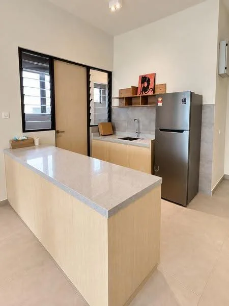 Kitchen features: light wood cabinetry, grey granite countertop, stainless-steel fridge, single-bowl stainless-steel sink, chrome pull-down faucet, open shelving, tile backsplash, wall-mounted air conditioning unit, large window for natural light, pendant lighting, neutral tile flooring; style: modern.