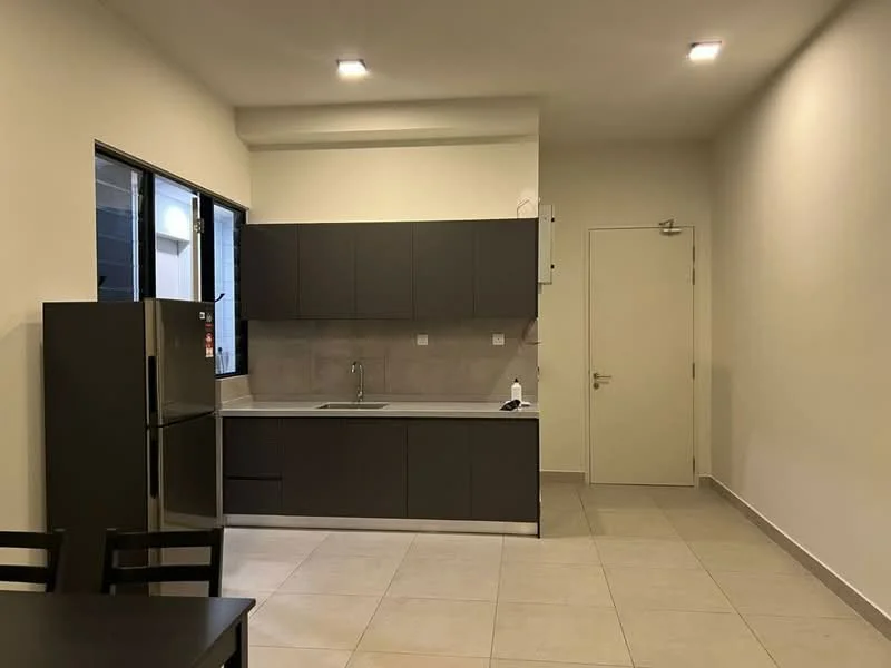 Kitchen features: grey cabinetry, stainless-steel fridge, single-bowl stainless-steel sink, chrome pull-down faucet, grey tiled backsplash, ceramic tile flooring, recessed LED downlights, window with black frame, white painted walls, built-in oven, countertop with space for appliances; style: modern.