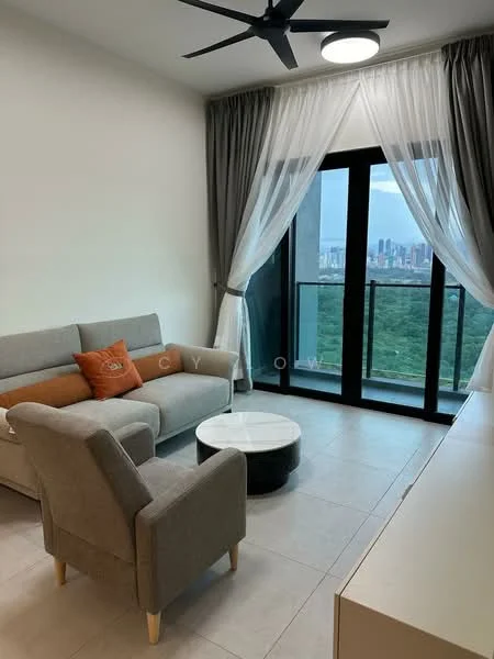 Living features: 3-seater fabric sofa in light grey, accent chair in light grey, round coffee table with black and white top, floor-to-ceiling glass sliding door, sheer curtains, blackout curtains, ceiling fan with light, recessed ceiling light, tile flooring, decorative cushion with orange accent; style: modern; view: city.