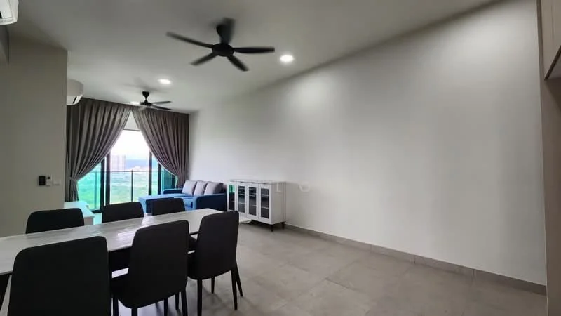 Living features: floor-to-ceiling windows, grey tiled flooring, white painted walls, 2 ceiling fans, recessed downlights, sofa with cushions, dining table with 6 chairs, sideboard cabinet; style: modern; view: city.