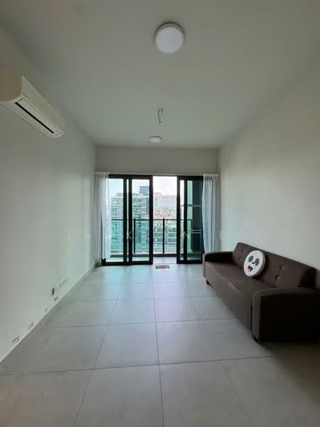 Living features: light grey painted walls, large floor-to-ceiling windows, sliding glass door, white sheer curtains, light-colored tile flooring, 1 wall-mounted split AC, ceiling light fixture, brown fabric sofa, decorative wall art, open layout; style: modern; view: city.