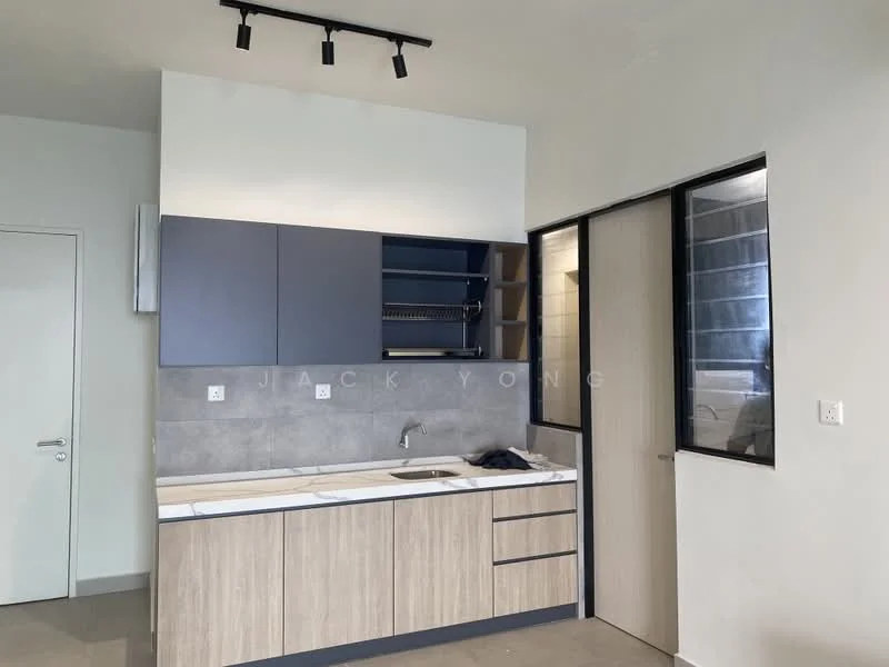 Kitchen features: single-bowl stainless-steel sink, chrome pull-down faucet, laminate countertop, grey cabinetry, open shelving, built-in oven, stainless-steel range hood, ceramic tile backsplash, track lighting, wall-mounted storage rack, floor-to-ceiling windows, light grey walls, vinyl plank flooring; style: modern.