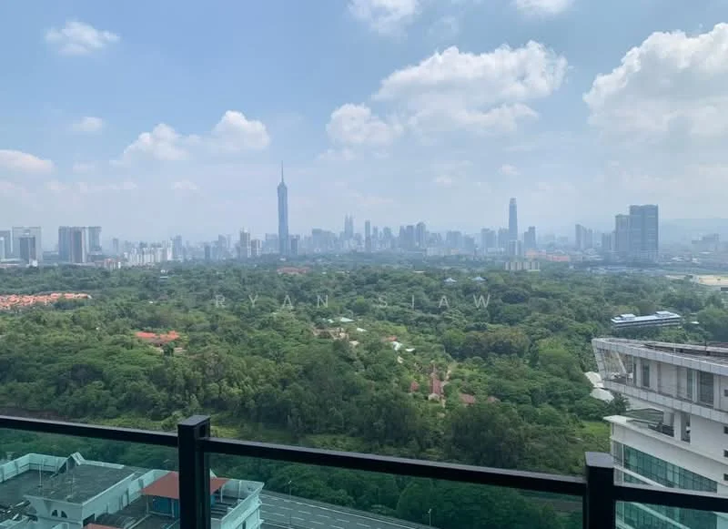 Exterior type: high-rise condominium; features: city skyline view, surrounded by greenery, balcony railing, urban landscape, clear blue sky, distant skyscrapers, lush vegetation in foreground; style: modern.