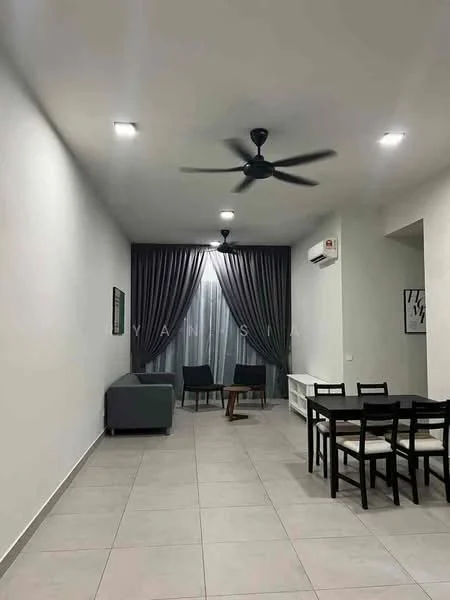 Living features: grey fabric sofa, black dining table with four chairs, ceiling fan with light, recessed LED downlights, floor-to-ceiling windows with sheer curtains, grey tiled flooring, white wall-mounted shelf, air conditioning unit on wall, decorative wall art; style: modern.