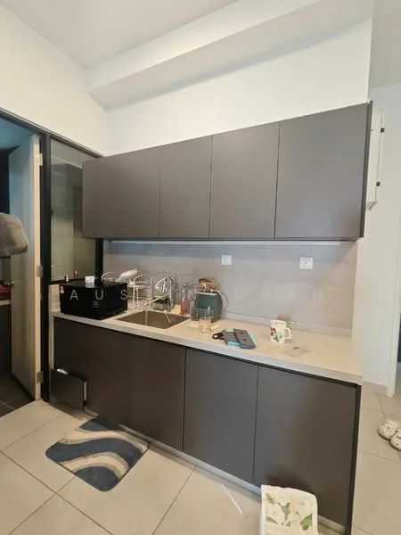 Kitchen features: dark cabinetry, laminate countertop, stainless-steel sink, chrome faucet, tile backsplash, built-in appliances, kitchen towels, floor tiles, open shelving, decorative items on countertop; style: modern.
