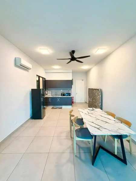 Dining features: rectangular dining table with marble top, 6 wooden dining chairs, 5-blade ceiling fan with light, wall-mounted split AC, light grey tiled flooring, white painted walls, black kitchen cabinetry, stainless-steel fridge, open layout to kitchen, doorway leading to hallway; style: modern.