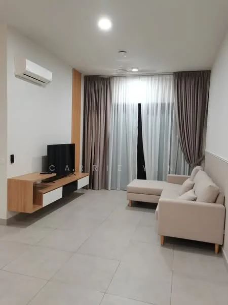 Living features: light grey tiled flooring, white painted walls, 5-blade ceiling fan with light, wall-mounted TV, wooden TV console, beige fabric sofa, floor-to-ceiling windows with sheer curtains, curtains in grey, air conditioning unit; style: modern.