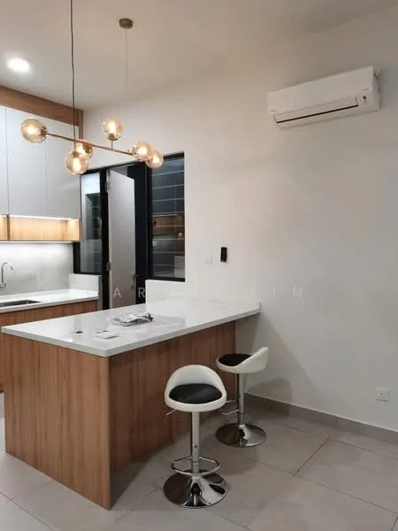 Kitchen features: white quartz countertop, wood cabinetry, stainless-steel sink, chrome pull-down faucet, pendant light fixture with multiple bulbs, bar seating with two white stools, wall-mounted split AC unit, tile flooring, large window, open layout; style: modern.