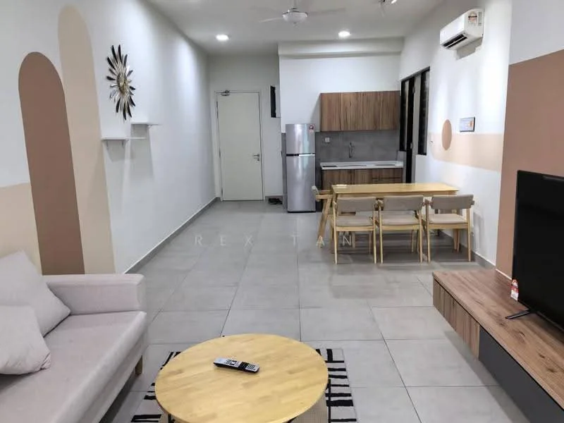 Living features: 3-seater fabric sofa in light grey, coffee table with wooden top, area rug with geometric pattern, wall-mounted TV, TV console with storage, ceiling fan, recessed downlights, decorative wall clock, white painted walls, tile flooring; style: modern. Dining features: 6-seater dining table with wooden top, wooden dining chairs, open shelving unit, white painted walls, tile flooring; style: modern. Kitchen features: stainless-steel fridge, built-in oven, wood cabinetry, countertop with backsplash, sink, tile flooring; style: modern.