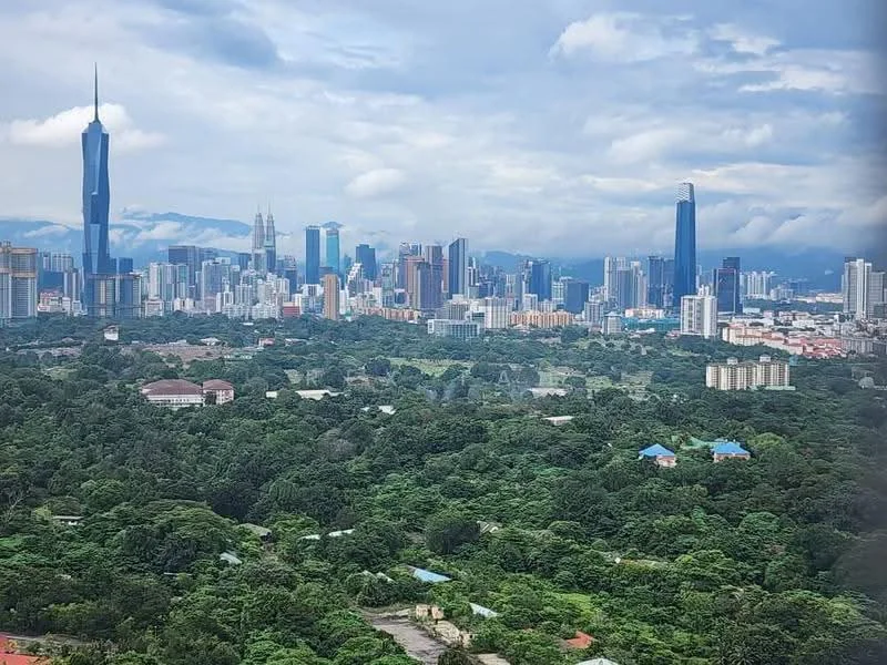 Exterior features: city skyline, lush greenery, high-rise buildings, urban landscape, distant mountains, cloudy sky; style: modern.