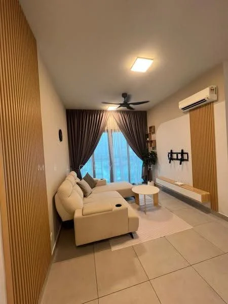 Living features: L-shape sectional sofa in cream, coffee table, wall-mounted TV, TV console, 5-blade ceiling fan with light, floor-to-ceiling windows, sheer curtains, wood panel accent wall, light grey tile flooring, decorative wall shelf, area rug with geometric pattern; style: modern; view: city.