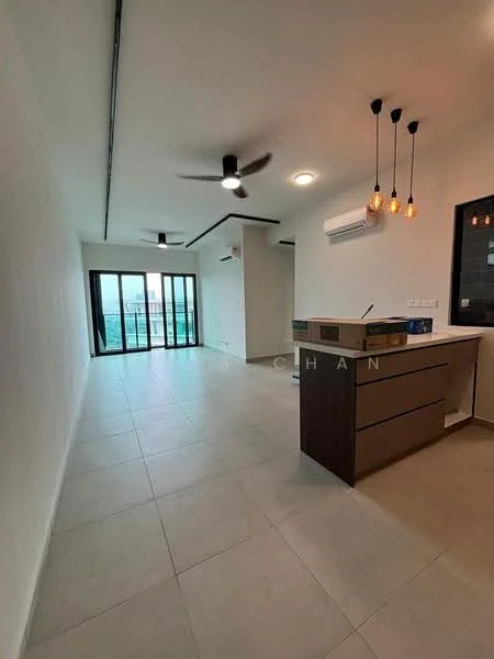 Living features: white painted walls, tile flooring, 5-blade ceiling fan with light, recessed downlights, floor-to-ceiling windows, sliding glass door, kitchen island with cabinetry, pendant lights above kitchen island, air conditioning unit; style: modern; view: city.