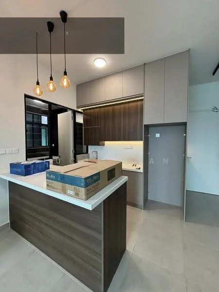 Kitchen features: island kitchen with countertop, white quartz countertop, wood cabinetry, grey upper cabinets, stainless-steel sink, chrome pull-down faucet, built-in oven, recessed downlights, 3 pendant lights, tile flooring, open shelving, kitchen appliances, boxes on countertop; style: modern.