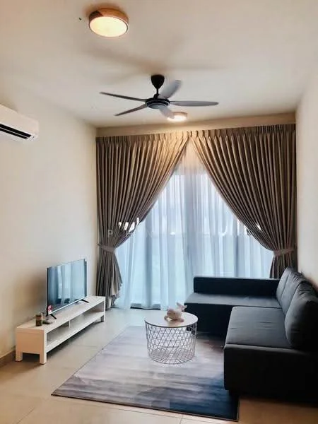 Living features: 3-seater fabric sofa in grey, L-shape sectional sofa, coffee table, TV console, wall-mounted TV, area rug with abstract pattern, floor-to-ceiling windows, sheer curtains, dropped ceiling with light fixture, 1 wall-mounted split AC, decorative wall art; style: modern; view: city.