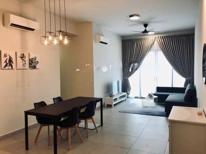 Living features: 3-seater black sofa, coffee table, TV console, wall-mounted TV, area rug with geometric pattern, 5-blade ceiling fan with light, 2 wall-mounted split AC units, floor-to-ceiling windows with sheer curtains, decorative wall art, light-colored walls, tile flooring; style: modern. Dining features: 4-seater dining table, black dining chairs, pendant lighting above dining table; style: modern.