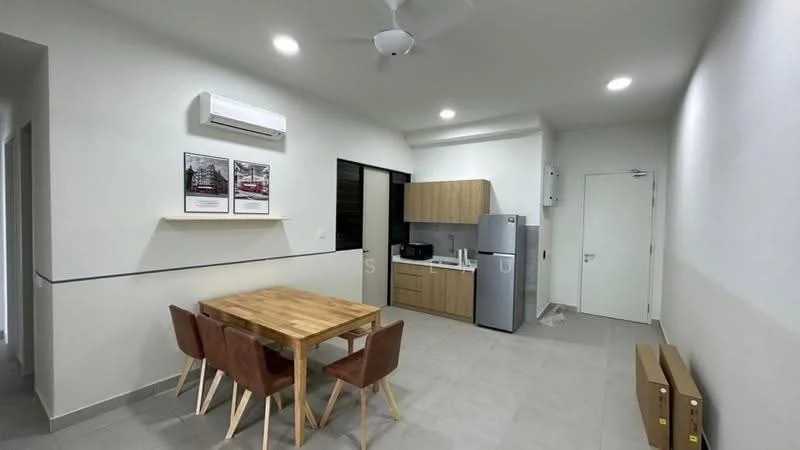 Dining features: wooden dining table with 4 chairs, wall-mounted air conditioning unit, refrigerator, microwave, built-in kitchen cabinets, countertop, grey tiled flooring, recessed ceiling lights, white painted walls; style: modern.