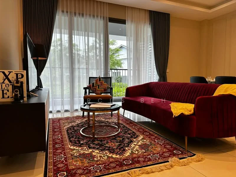 Living features: red velvet sofa, round coffee table, area rug with intricate pattern, floor-to-ceiling windows, sheer curtains, black accent chair, decorative throw blanket, wall-mounted TV console, decorative wall art; style: modern; view: garden.