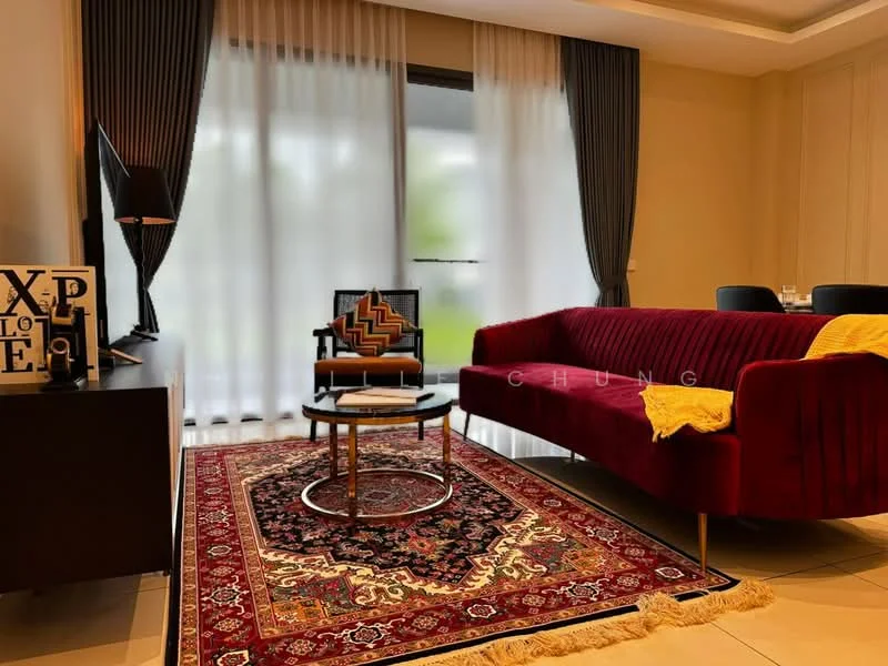 Living features: red velvet sofa, round coffee table, area rug with intricate pattern, floor-to-ceiling windows, sheer curtains, black accent chair, TV console, recessed ceiling lights, decorative throw blanket; style: modern; view: garden.