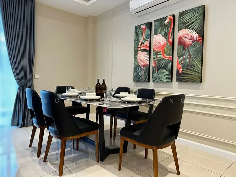 Dining features: 6-seater dining table, black dining chairs with wooden legs, white dinner plates, glass water bottles, decorative artwork with flamingos, cream painted walls, recessed ceiling lights, air conditioning unit on ceiling, floor-to-ceiling curtains, tile flooring; style: modern.