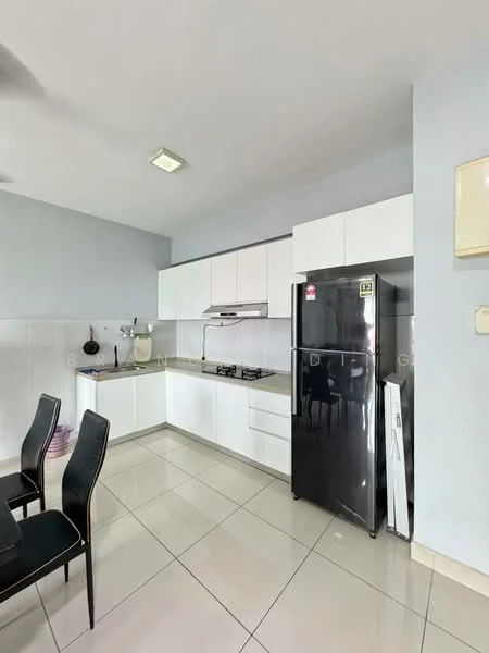 Kitchen features: white flat-panel cabinets, black refrigerator, stainless-steel built-in oven, 4-burner gas hob, white countertop, ceramic tile backsplash, double-bowl stainless-steel sink, chrome pull-down faucet, grey ceramic tile flooring, recessed downlights, wall-mounted range hood, open shelving, dining table with black chairs; style: modern.