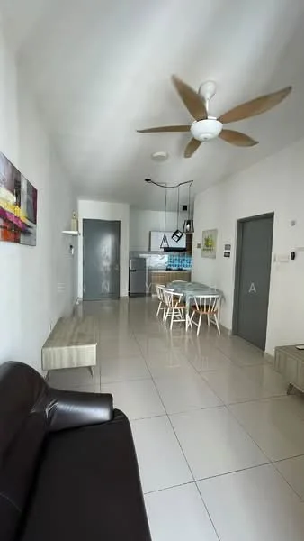 Living features: 3-blade ceiling fan, sofa in dark brown leather, white painted walls, glossy tile flooring, wall-mounted artwork, coffee table in light wood, open-plan layout to dining area, natural light from windows, recessed lighting, dining table with white chairs, kitchen area visible in background; style: modern. Kitchen features: kitchen cabinets in light wood, stainless-steel sink, built-in stove, white backsplash, open shelving, refrigerator visible, countertop space, pendant lighting; style: modern. Dining features: 6-seater dining table, white dining chairs, open-plan layout to living area, natural light from windows; style: modern.