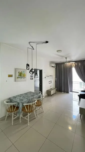 Living features: white painted walls, glossy ceramic tile flooring, 5-blade ceiling fan with light, recessed downlights, floor-to-ceiling windows, grey sheer curtains, dining table with 4 white chairs, wall-mounted TV, light wood TV console, decorative wall art, air conditioning unit; style: modern; view: city.