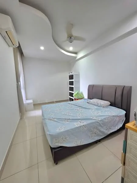 Bedroom features: king-size bed with upholstered headboard, light blue bedspread, white walls, recessed ceiling lights, 5-blade ceiling fan, floor-to-ceiling window with sheer curtains, tiled flooring, white storage cabinet, air conditioning unit; style: modern.