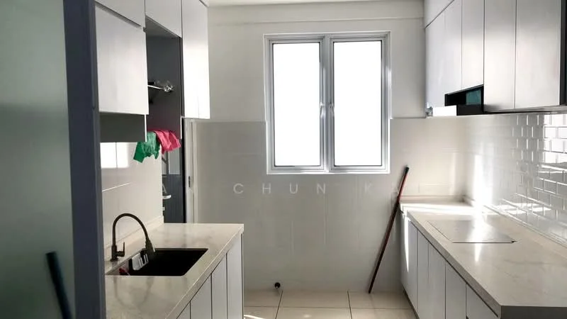Kitchen features: white cabinetry, marble countertop, single-bowl stainless-steel sink, chrome pull-down faucet, built-in stove, white tiled backsplash, floor-to-ceiling windows, light-colored tile flooring; style: modern.