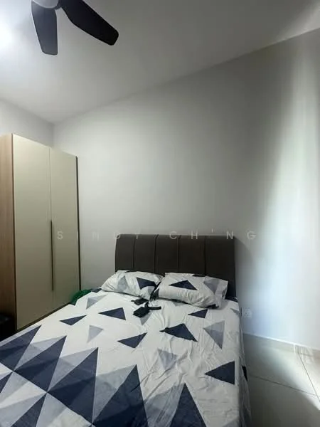 Bedroom features: queen-size bed with geometric patterned bedding, upholstered headboard, built-in wardrobe with sliding doors, white painted walls, tile flooring, ceiling fan, natural light from window, green bedding or throw on the floor; style: modern.
