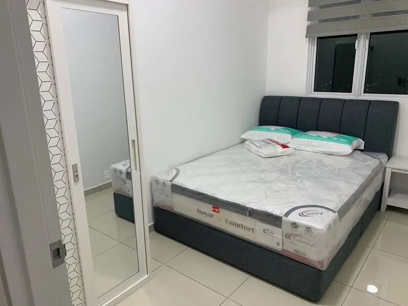 Bedroom features: king-size bed with upholstered headboard, white bedding with decorative pillows, mirrored wardrobe, white painted walls, tile flooring, window with sheer curtains, nightstand, light fixture; style: modern.