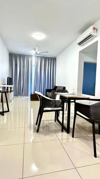 Living features: white painted walls, glossy tile flooring, 5-blade ceiling fan with light, sofa in dark brown, TV console, wall-mounted TV, dining table with 4 black chairs, floor-to-ceiling curtains, sliding glass door, natural light from window; style: modern.