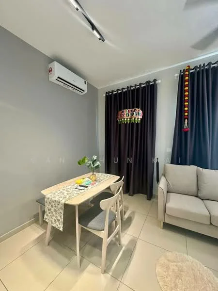 Dining features: light grey painted walls, cream tiled flooring, 1 rectangular dining table, 4 wooden dining chairs, decorative table runner, 1 potted plant on table, floor-to-ceiling curtains in dark grey, 1 wall-mounted split AC, 2-blade ceiling fan, decorative wall hanging; style: modern.