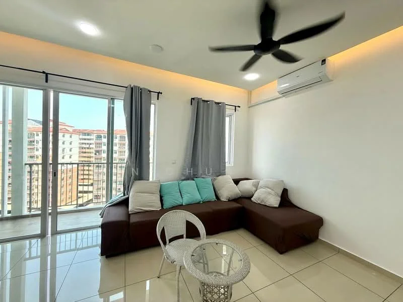 Living features: 3-seater brown fabric sofa, light blue and white throw pillows, glass coffee table, floor-to-ceiling windows, grey curtains, white painted walls, ceiling fan, wall-mounted split AC, glossy tile flooring; style: modern; view: city.