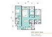 Floor plan: 3-bedroom 2-bathroom unit; features: open-plan kitchen-dining-living, master bedroom with ensuite bathroom, bedroom 2 with shared bathroom, utility room, balcony off living room, central foyer, 1 car porch.