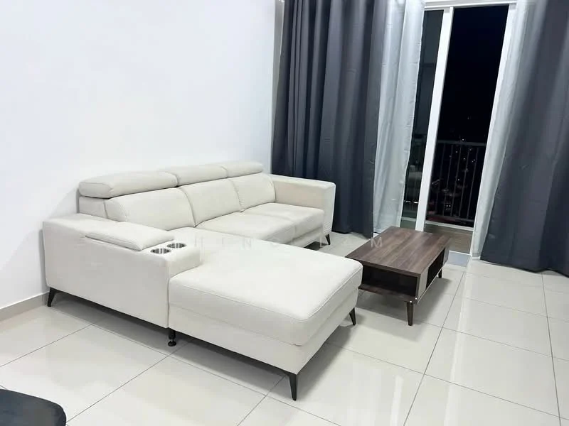 Living features: L-shape sectional sofa in light beige, coffee table with wooden surface, floor-to-ceiling windows, grey curtains, white painted walls, glossy tile flooring, balcony access, city view; style: modern; view: city.