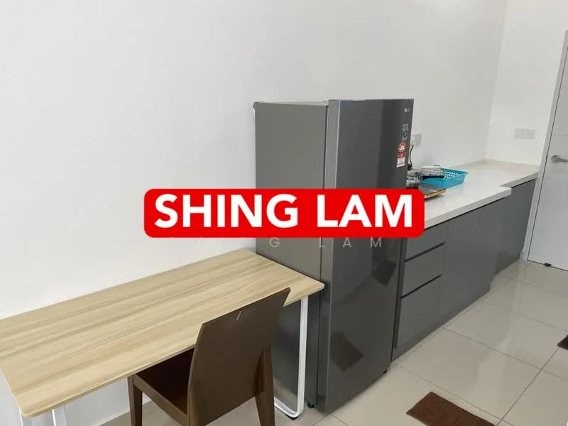 Kitchen features: grey cabinetry, white countertop, stainless-steel fridge, single-bowl stainless-steel sink, chrome pull-down faucet, built-in oven, ceramic tile flooring, wall-mounted cabinet, table with wooden legs, chair, kitchen utensils in basket; style: modern.