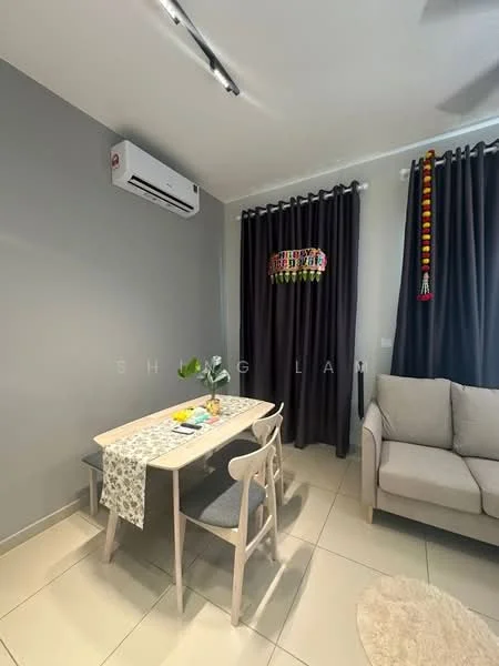 Dining features: light grey walls, cream tiled flooring, dining table with light wood finish, 2 wooden chairs, decorative table runner, air conditioning unit on wall, blackout curtains, decorative wall hanging, sofa in light grey fabric; style: modern.