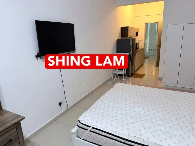 Bedroom features: white painted walls, tile flooring, queen-size bed, wall-mounted TV, built-in wardrobe, refrigerator, kitchenette with cabinets, light fixture, window with natural light; style: modern.