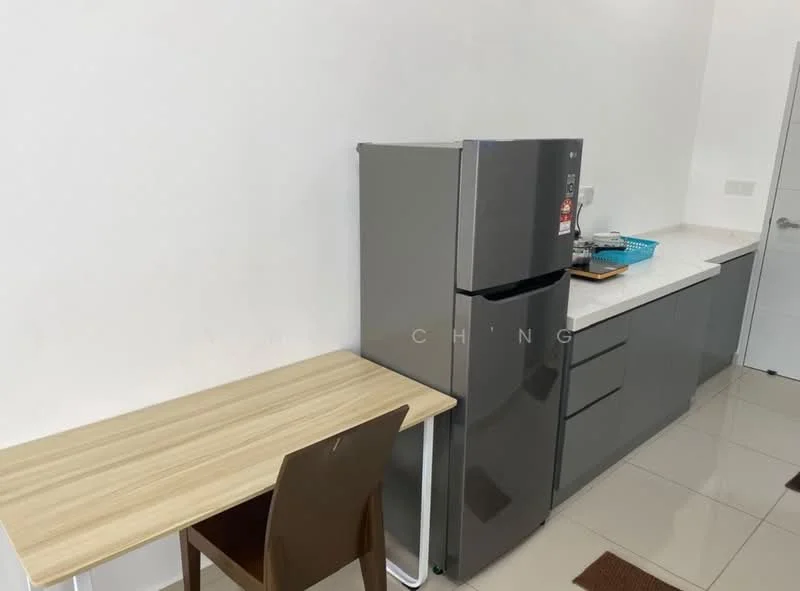 Kitchen features: grey cabinetry, white countertop, stainless-steel fridge, table with light wood finish, brown dining chair, ceramic tile flooring, white painted walls, single-bowl stainless-steel sink, chrome pull-down faucet; style: modern.
